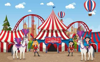 Escena del parque de atracciones con noria y cúpula de circo. vector