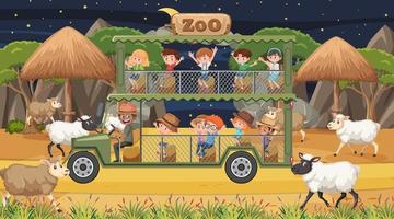 Safari at night time scene with children watching sheep group vector