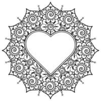 Mehndi flower with frame in shape of heart. decoration in ethnic oriental, doodle ornament. vector