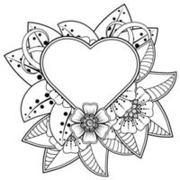 Mehndi flower with frame in shape of heart. decoration in ethnic oriental, doodle ornament. vector