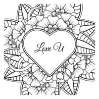 Mehndi flower with frame in shape of heart. decoration in ethnic oriental, doodle ornament. vector