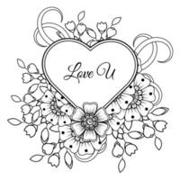 Mehndi flower with frame in shape of heart. decoration in ethnic oriental, doodle ornament. vector