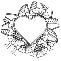 Mehndi flower with frame in shape of heart. decoration in ethnic oriental, doodle ornament. vector