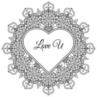 Mehndi flower with frame in shape of heart. decoration in ethnic oriental, doodle ornament. vector