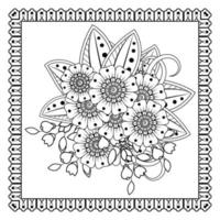 flor mehndi para henna, mehndi, tatuaje, decoración. adorno decorativo en estilo étnico oriental, adorno de doodle, dibujo a mano de contorno. página de libro para colorear. vector