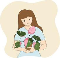 Vector - Lady holding a pot of Philodendron pink princess. Kindness and lovely. Air purifier plant. Cartoon style. Can be use for print, card.