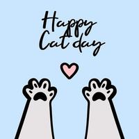 patas de gato con un corazón linda ilustración con texto de letras feliz día del gato 8 de agosto aislado en azul vector