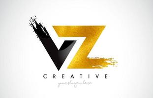 VZ Letter Design with Black Golden Brush Stroke and Modern Look. vector