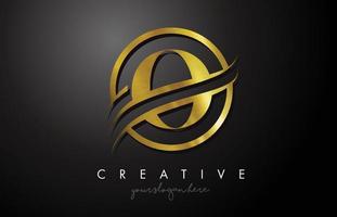 O Golden Letter Logo Design with Circle Swoosh and Gold Metal Texture vector