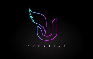 Neon U Letter Logo Icon Design with Creative Wing in Blue Purple Magenta Colors vector