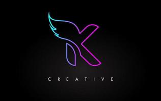 Neon K Letter Logo Icon Design with Creative Wing in Blue Purple Magenta Colors vector