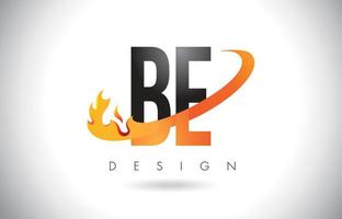 be be letter logo con diseño de llamas de fuego y swoosh naranja. vector