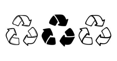 Doodle símbolo de flecha de reciclaje, utilizando recursos reciclados. icono de vector de eco verde estilo dibujado a mano. concepto de ecología de residuos cero