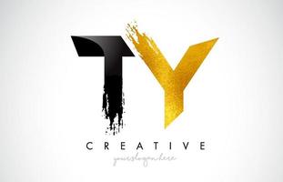 TY Letter Design with Black Golden Brush Stroke and Modern Look. vector