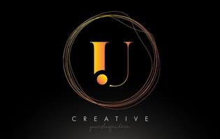 Gold Artistic U Letter Logo Design With Creative Circular Wire Frame around it vector