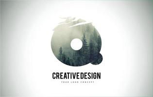 Q Letter Brush with Forest Fog Texture. Forest Trees Letter Logo Design. vector