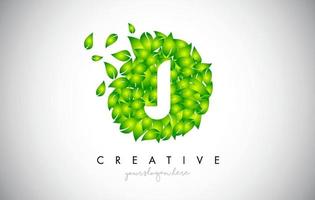 J Green Leaf Logo Design Eco Logo With Multiple Leafs Blowing in the Wind Icon Vector.