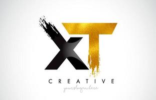 XT Letter Design with Black Golden Brush Stroke and Modern Look. vector