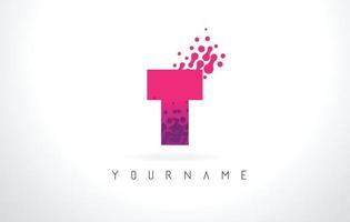 Logo de letra t con diseño de puntos de partículas y color rosa púrpura. vector