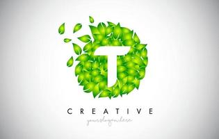 T Green Leaf Logo Design Eco Logo With Multiple Leafs Blowing in the Wind Icon Vector. vector