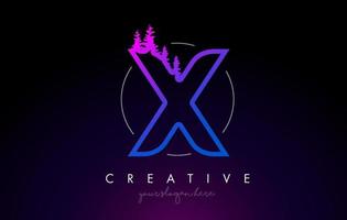 Creative X Letter Logo Idea With Pine Forest Trees. Letter X Design With Pine Tree on Top vector