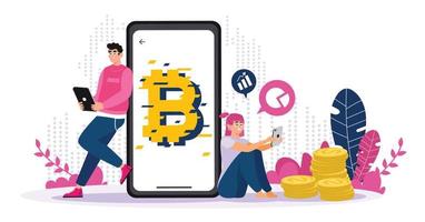 Traders are trading cryptocurrency coins through exchange application mobile platforms. Digital currency vector, online business vector concept.