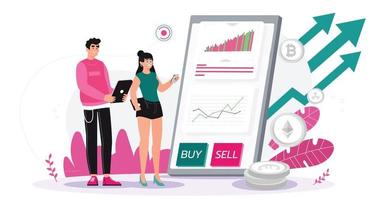 Investor boy and girl looking at chart of growing chart cryptocurrency on mobile. vector illustration
