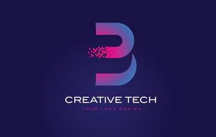 Diseño de logotipo letra inicial b con píxeles digitales en colores azul violeta. vector