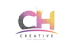 CH C H Letter Logo Design with Magenta Dots and Swoosh vector