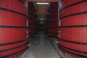 Pasillo con varios tanques para almacenamiento y crianza de vino en la planta de producción de la bodega Aurora en Bento Goncalves. una acogedora ciudad rural en el sur de Brasil famosa por su producción de vino.