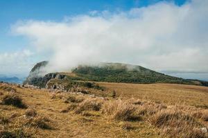 cumbre del acantilado más alto en el cañón de la fortaleza con un paisaje rocoso cubierto por arbustos secos y nubes cerca de cambara do sul. una pequeña ciudad rural en el sur de Brasil con increíbles atractivos turísticos naturales. foto