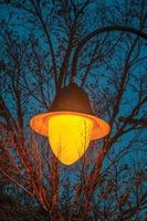 Detail of a decorative light post among a lot of tree branches, at nightfall in Gramado. A cute european-influenced town in southern Brazil, highly sought after by tourists. photo