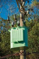 Detail of high-voltage power pole transformer with electrical wiring in front of trees near Gramado. A cute european-influenced town in southern Brazil highly sought after by tourists. photo