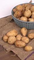 Fresh small potatoes for cooking in a wooden bowl. With copy space  on white background. photo