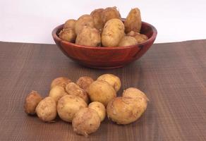 Fresh small potatoes for cooking in a wooden bowl. With copy space  on white background. photo