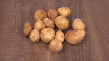 Fresh small potatoes for cooking in a wooden bowl. With copy space  on white background. photo