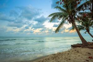 hermoso amanecer temprano en la mañana sobre el cocotero con el mar el horizonte en la playa de hat chao lao en chanthaburi, tailandia. foto