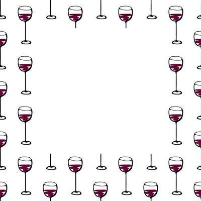 Seamless doodle pattern frame with wine glass. Vector sketch illustration square border.