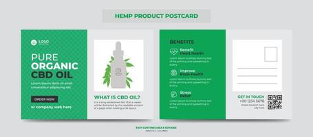 Hemp or CBD product postcard. Cannabis sativa product sale or promotion postcard design template vector