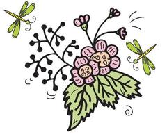 ramo de flores y libélulas doodle vector