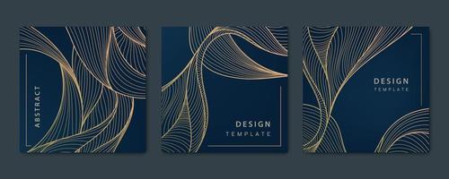 Vector set of abstract luxury golden square cards, post templates for social net, wavy line art background. Art Deco Pattern, texture for print, fabric, packaging design.