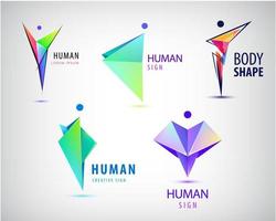 Vector abstract man logos set. Positive, healhy lifestyle, wavy, origami geometric human 3d icon