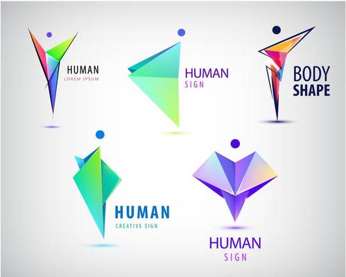Vector abstract man logos set. Positive, healhy lifestyle, wavy, origami geometric human 3d icon