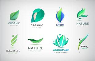 conjunto de vectores de logotipos ecológicos, orgánicos, de naturaleza. Ecología y reciclaje de varios símbolos gráficos. estilo de vida saludable y ecológico. hombre, planta
