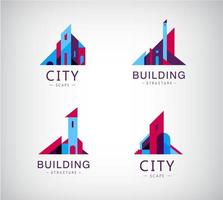 conjunto de vectores de edificios de logotipo, iconos de colores del horizonte urbano. estructura, arquitectura, ciudad, concepto inmobiliario. signos geométricos simples.