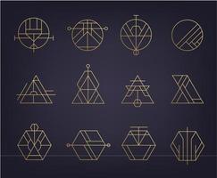 Vector set of abstract geometric logos. Art deco, hipster, golden line style. Circle, triangle, polygon linear shapes. Aztec, magic