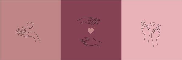 Vector set of hand drawn linear hands holding hearts, love romantic illustrations, modern logo design minimalist templates. Use for cosmetics, packaging, jewellery