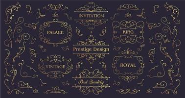 Vector set of vintage swirls, golden borders and frames. Luxury Wedding Logo with Ornament Baroque style design for invitation and brand identity. Business signs, logos, identity, spa