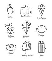 Vector set of linear icons, logos for small business, entrepreneurs. Cafe, fast food, flowers, Beauty salon, coffee, beer, bread, real estate, perfume.