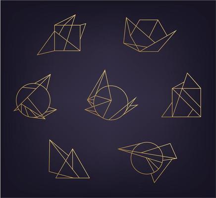 Vector set of abstract geometric logos. Art deco, hipster, golden line style. Stylish linear modern shapes, dynamic icons